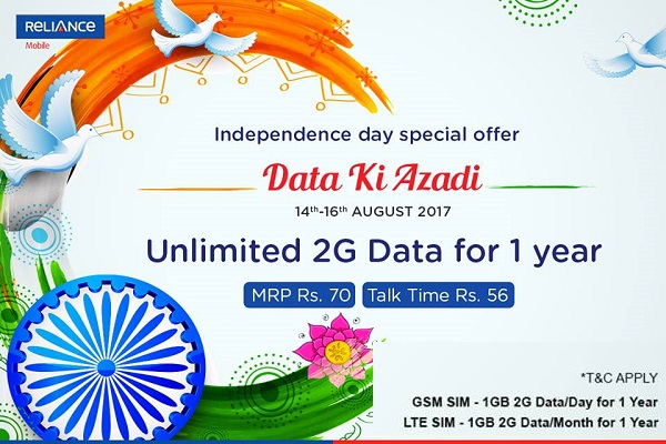 India Desire : Reliance Unlimited 2G Data Offer : Get Unlimited 2G Data For 1 Year At Rs 70 Only [Independence Day Offers]